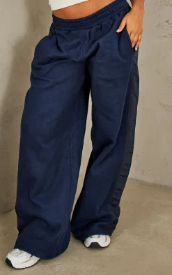 Outlet PrettyLittleThing Fleece Contrast Mid Rise Wide Leg Sweatpants Navy