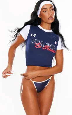 Navy France Tie Side Bikini Bottoms