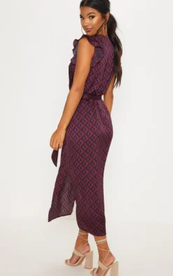 Geo Print Satin Frill Shoulder Split Midi Dress-PrettyLittleThing Online