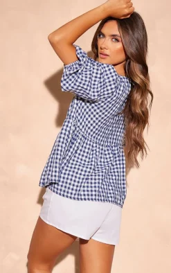 PrettyLittleThing Blouses*Gigham Tie Front Puffsleeve Blouse