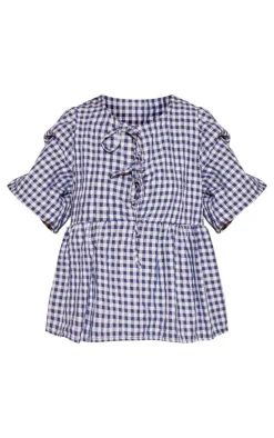 PrettyLittleThing Blouses*Gigham Tie Front Puffsleeve Blouse