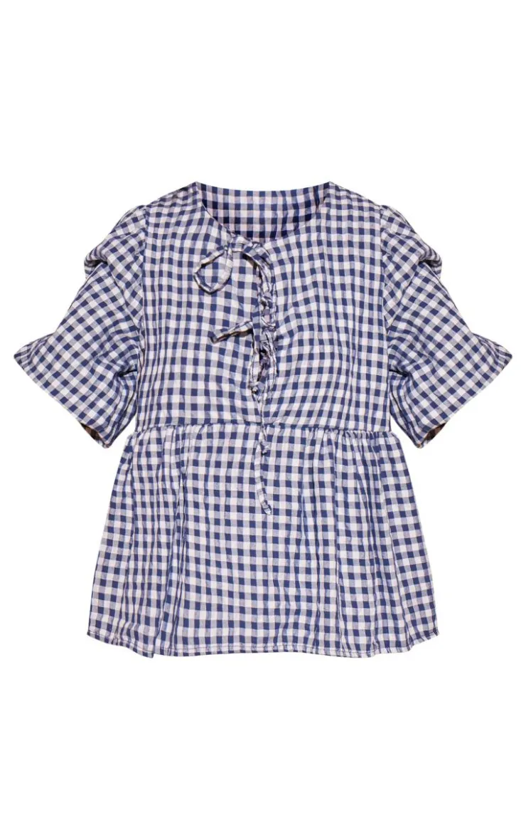 PrettyLittleThing Blouses*Gigham Tie Front Puffsleeve Blouse