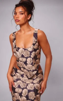 Outlet PrettyLittleThing Jacquard Dip Hem Corset Top Navy