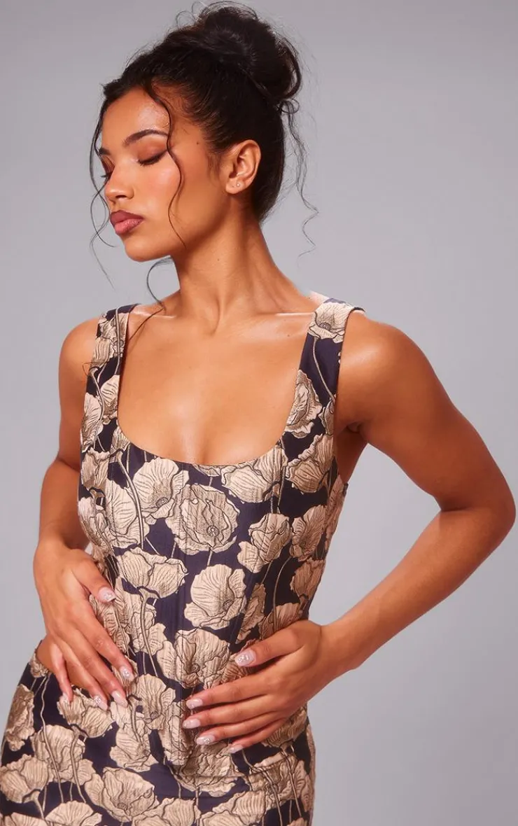 Outlet PrettyLittleThing Jacquard Dip Hem Corset Top Navy