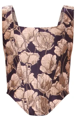 Outlet PrettyLittleThing Jacquard Dip Hem Corset Top Navy