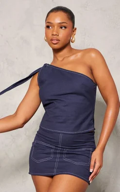 Online PrettyLittleThing Linen Look Contrast Stitch One Shoulder Long Top Navy