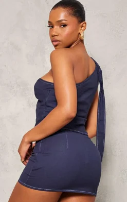 Online PrettyLittleThing Linen Look Contrast Stitch One Shoulder Long Top Navy
