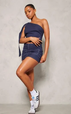 Online PrettyLittleThing Linen Look Contrast Stitch One Shoulder Long Top Navy