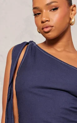 Online PrettyLittleThing Linen Look Contrast Stitch One Shoulder Long Top Navy