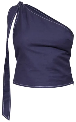 Online PrettyLittleThing Linen Look Contrast Stitch One Shoulder Long Top Navy