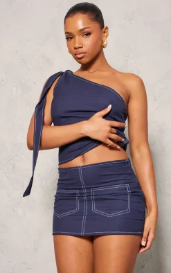 Best PrettyLittleThing Linen Look Contrast Stitch Mini Skirt Navy