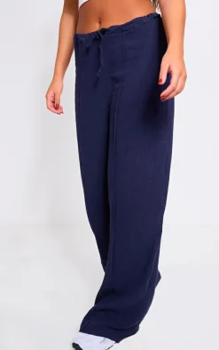 Navy Linen Look Pintuck Slouchy Pants