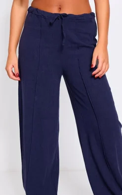 Navy Linen Look Pintuck Slouchy Pants
