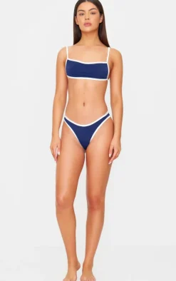 Navy Micro Contrast High Leg Bikini Bottoms