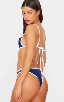 Navy Micro Contrast High Leg Bikini Bottoms