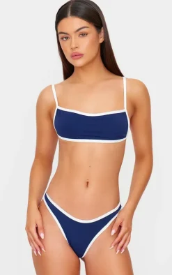 Navy Micro Contrast High Leg Bikini Bottoms