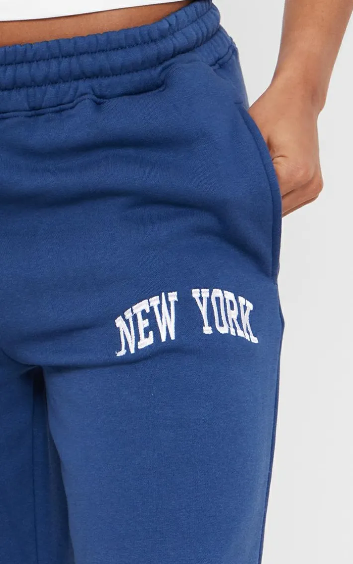 Navy New York Print Wide Leg Sweatpants