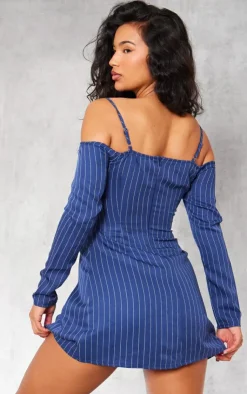 Pinstripe Bardot Pleated Shift Dress-PrettyLittleThing Sale