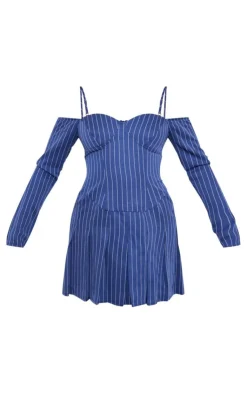 Pinstripe Bardot Pleated Shift Dress-PrettyLittleThing Sale