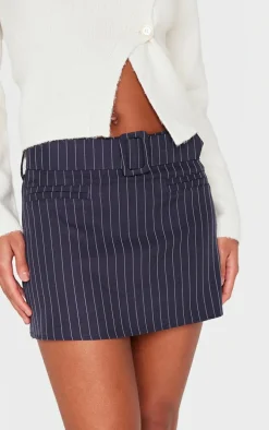 Navy Pinstripe Belted Micro Mini Skirt