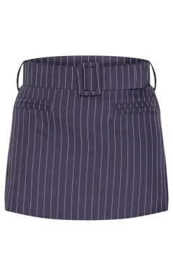 Navy Pinstripe Belted Micro Mini Skirt