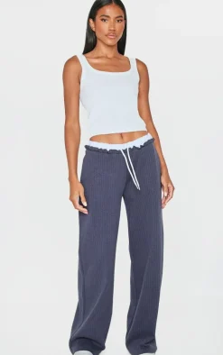Navy Pinstripe Contrast Waistband Wide Leg Pants
