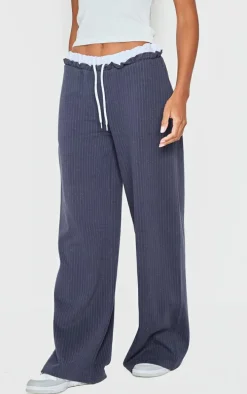 Navy Pinstripe Contrast Waistband Wide Leg Pants