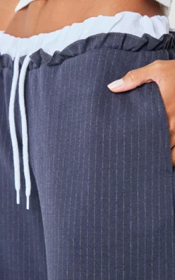 Navy Pinstripe Contrast Waistband Wide Leg Pants