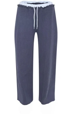 Navy Pinstripe Contrast Waistband Wide Leg Pants