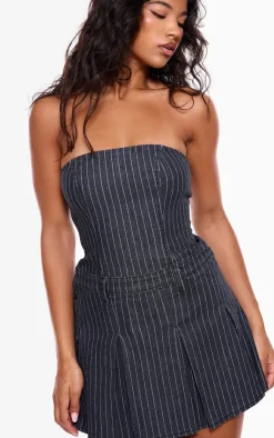 Pinstripe Denim Pleated Bandeau Skater Dress-PrettyLittleThing New