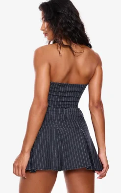 Pinstripe Denim Pleated Bandeau Skater Dress-PrettyLittleThing New