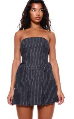 Pinstripe Denim Pleated Bandeau Skater Dress-PrettyLittleThing New