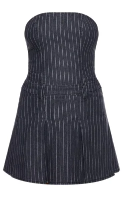 Pinstripe Denim Pleated Bandeau Skater Dress-PrettyLittleThing New