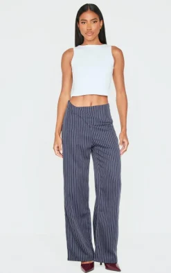 Navy Pinstripe Dipped Waist Straight Leg Pants