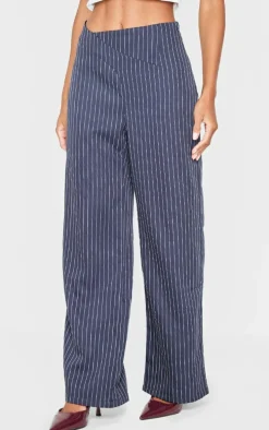 Navy Pinstripe Dipped Waist Straight Leg Pants