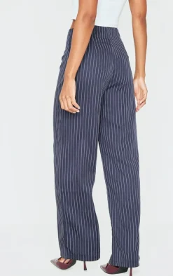 Navy Pinstripe Dipped Waist Straight Leg Pants