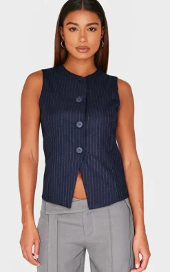 PrettyLittleThing Sleeveless Tops*Pinstripe Longline Button Up Vest