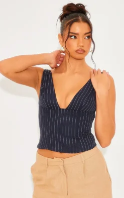 PrettyLittleThing Sleeveless Tops*Pinstripe Plunge Neck Top