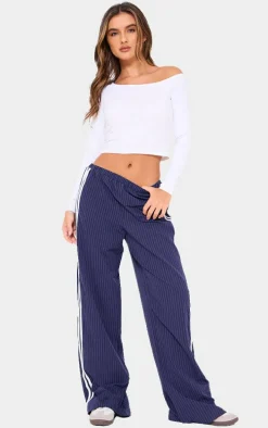 Navy Pinstripe Side Stripe Detail Drawstring Low Waist Pants