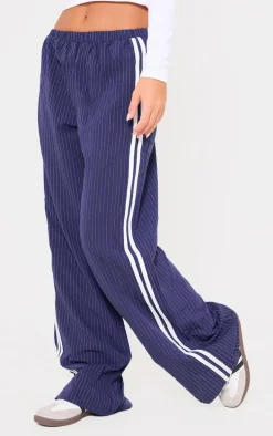 Navy Pinstripe Side Stripe Detail Drawstring Low Waist Pants