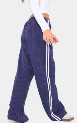 Navy Pinstripe Side Stripe Detail Drawstring Low Waist Pants