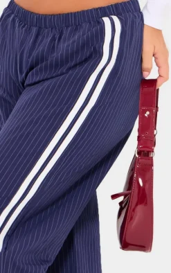 Navy Pinstripe Side Stripe Detail Drawstring Low Waist Pants
