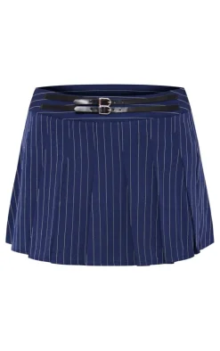 Navy Pinstripe Tailored Woven Belted Mini Skater Skirt