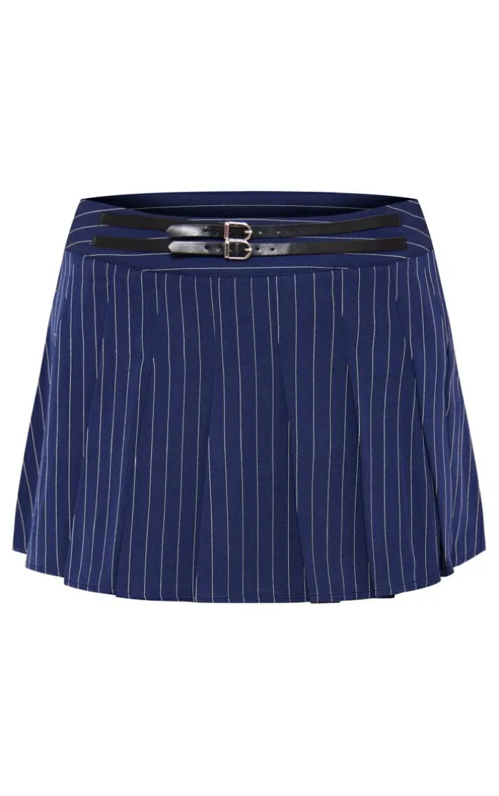 Navy Pinstripe Tailored Woven Belted Mini Skater Skirt