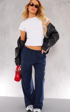 Navy Pinstripe Woven Drawstring Waist Low Rise Relaxed Pants