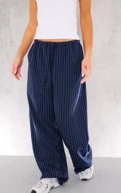 Navy Pinstripe Woven Drawstring Waist Low Rise Relaxed Pants