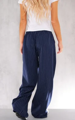Navy Pinstripe Woven Drawstring Waist Low Rise Relaxed Pants