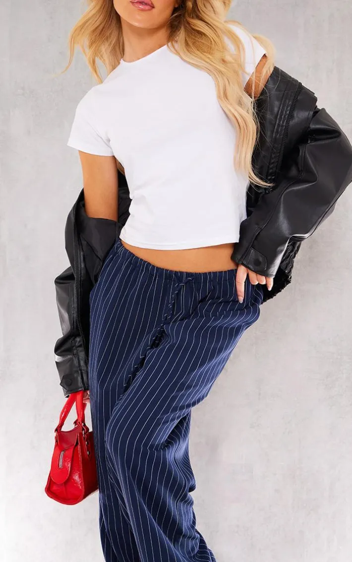 Navy Pinstripe Woven Drawstring Waist Low Rise Relaxed Pants