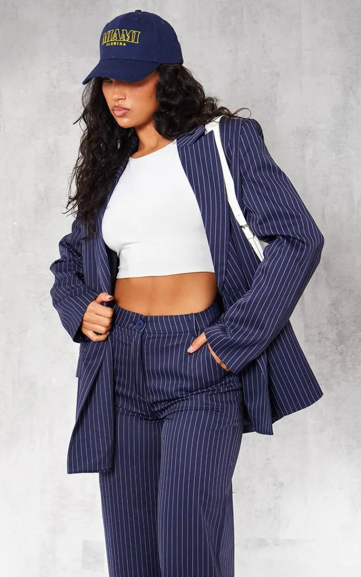 New PrettyLittleThing Pinstripe Woven Extreme Shoulder Pad Pocket Blazer Navy