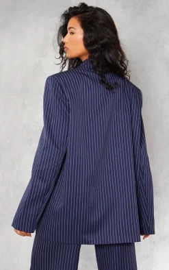 New PrettyLittleThing Pinstripe Woven Extreme Shoulder Pad Pocket Blazer Navy